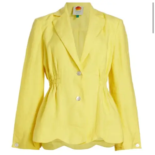 Farm Rio Bright Yellow Linen Blazer Scalloped Hem Button Front Jacket