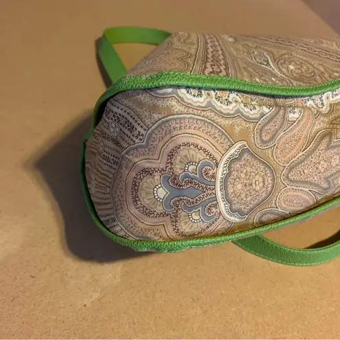 ETRO GREEN FAUX LEATHER TRIM W/TAN & GRAY COTTON PAISLEY PRINT BODY SATCHEL BAG