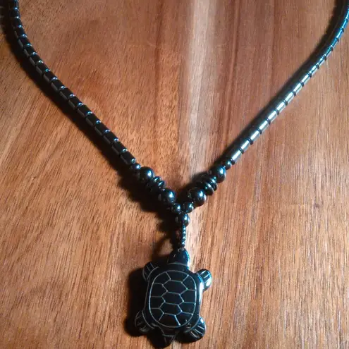 Turtle Charm And Beaded Hematite Necklace