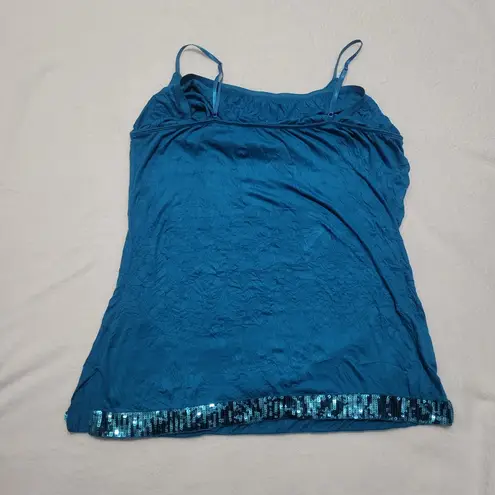 Y2K Blue Sequin Cami Tank Top Disco Crinkle Turquoise Aqua Women’s size Large