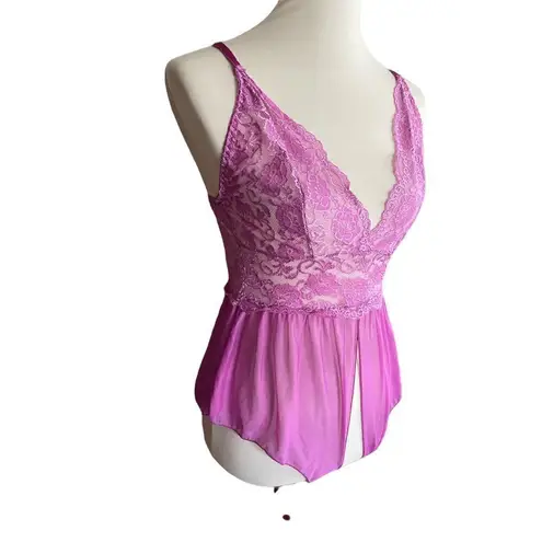 Gorgeous! Lilac Satin Lace Rose Negligee Open Crotch S Purple