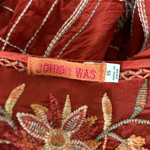 Johnny Was Floral Embroidered Red Rayon Tunic Blouse Shirt Top Size XS