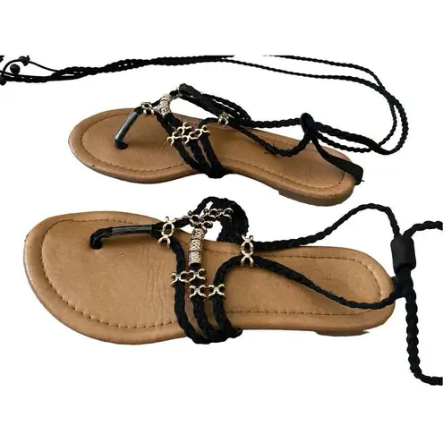 Gladiator Beaded Lace Up Flat Sandals Feathers Shoes Summer Beach Coastal Black Size 7