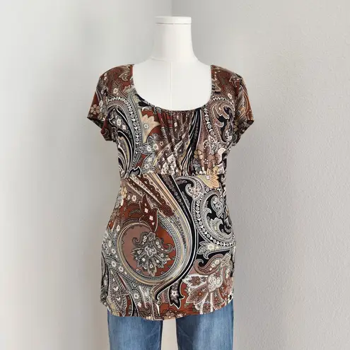 Van Heusen Vintage Y2K Brown Paisley Stretch Empire Waist Scoop Neck Top M