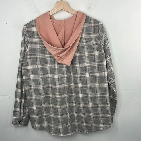 Apricot Lane Flannel Plaid Long Sleeve Front Button Closure With Hood Shirt Gray Small Cotton