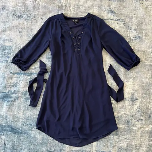 A Byer A. Byer Blue Semi Sheer Long Sleeve Strappy V Neck Belted Dress Medium