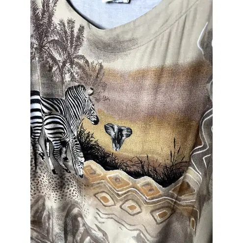 Vintage Art to Wear Zebra Safari Print Dress Petite Large Elephant Midi 90s Brown
