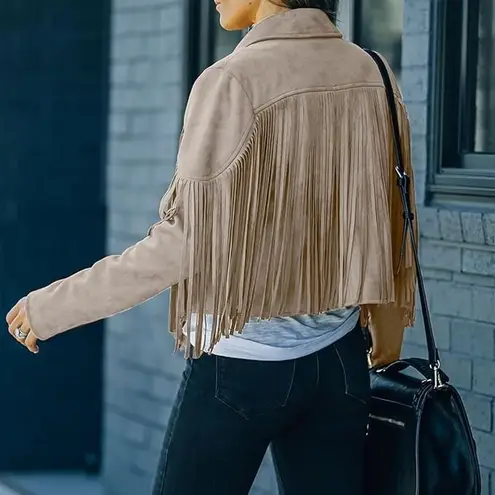 NWT Cropped Soft Faux Western Fringe Suede Open Style Lined Jacket Coat M Cream Size M