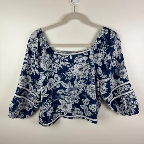 C&C California 100% Linen Floral Blouse XL Square Neck Tropical Resort Peasant