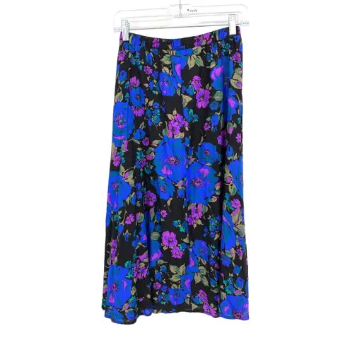 American Vintage VTG 90s Midi Skirt Womens S A-Line Dark Floral Print Black Blue Elastic Waist