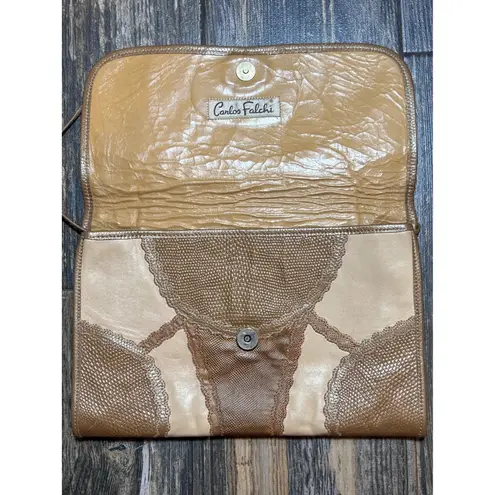 Vintage Carlos Falchi Patchwork SnakeSkin Clutch Gold Tan Crossbody Purse USA