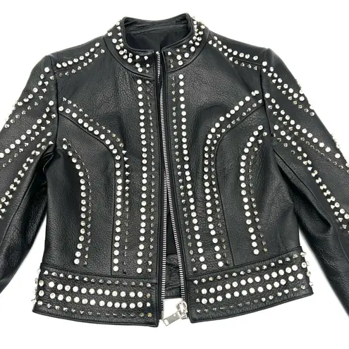 Genuine Leather Studded Crop Jacket Coat Blazer Cardigan Parka Slim Fit Rhinestones Black Size M
