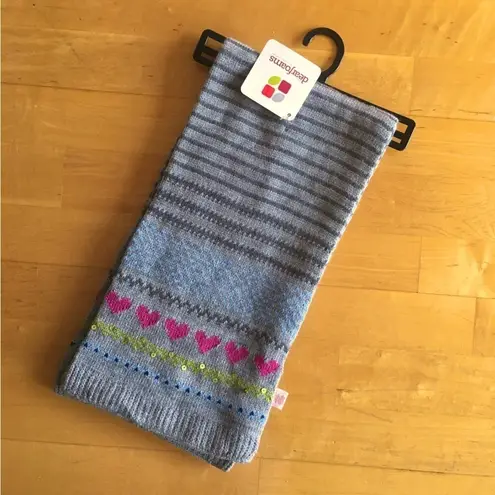 Dearfoams Fairisle Striped Scarf with Hearts, Sequins, Fray, Pink, Green