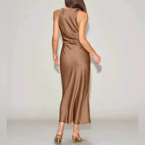 Rihoas Coffee Satin Boat Neck Slip Midi Dress Brown Size 6