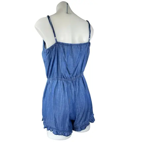 Mossimo Blue Sleeveless Tie Knit Ruffle Chambray Cami Tank Romper Shorts Size S