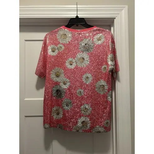 Daisy Sequin Top Women's Size Medium Pink Multicolor Floral Daisy Barbiecore