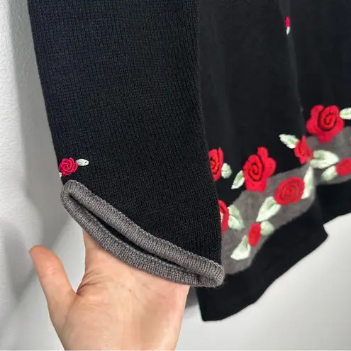 Storybook Knits Vintage Knit Cardigan Sweater Sz S Embroidered Roses Black Gma
