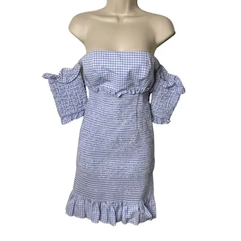 PETERSYN Winona Mini Dress In Azure gingham off shoulder puff sleeves XS Blue