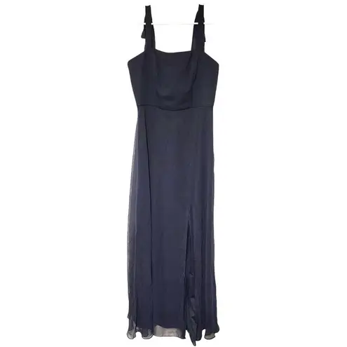 Dessy Collection Tie Strap Chiffon Gown with Front Slit Midnight Blue 12
