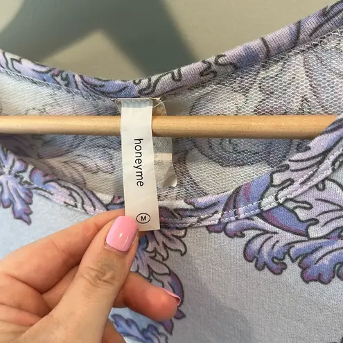 Honeyme Medium Purple Colorblock Damask Print Short Sleeve Top