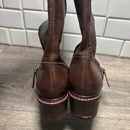 Pollini Brown Leather Motorcycle Boots Square Toe Buckle Side Zip EU38 US 7.5