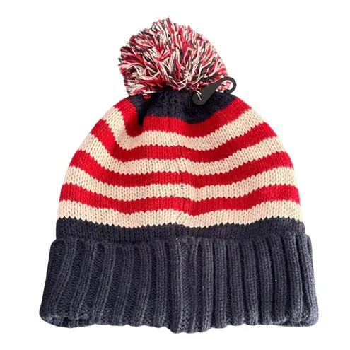 Modena USA Flag Knit Pom Pom Beanie Hat Blue