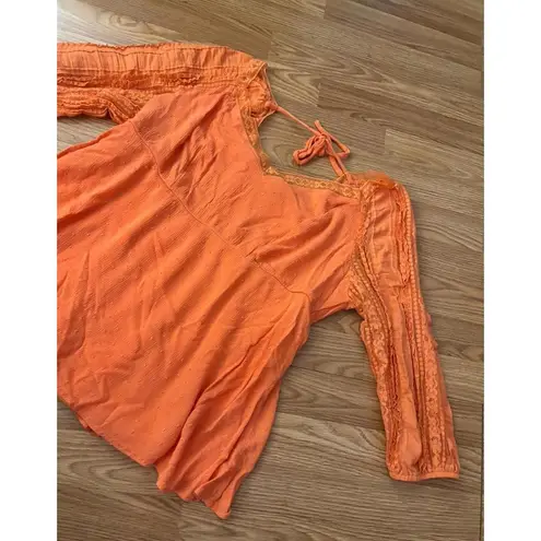 Torrid  Orange Swiss Dot Lace Detail 3/4 Sleeve Tunic Blouse Size 1