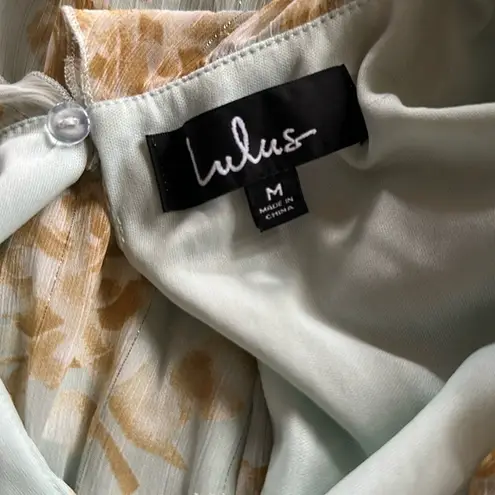 Lulu’s Dreaming of Romance Mint Blue Floral Ruffle Metallic Dress Medium