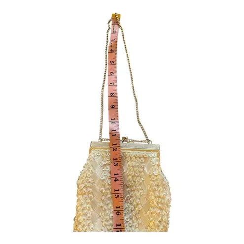 Vintage ivory sequined beaded evening bag gold kisslock chain strap glam retro
