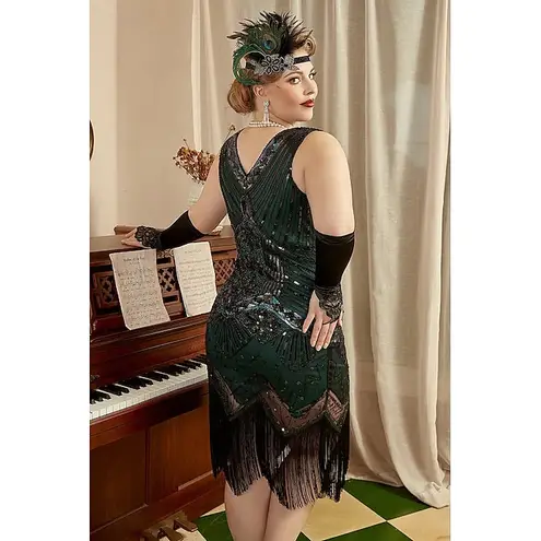 Roaring 20s Dark Green Beaded Sequin Flapper Fringe Party Dress XL Midi