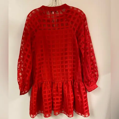 English Factory Women's Check Organza Buttoned Long Sleeves Red Mini Dress