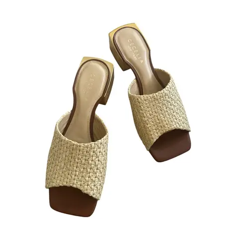 CECELIA NEW YORK Straw Gold Block Heels Sandals Size 10 Tan