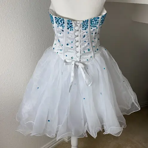 Women’s White Blue Beading Short Cocktail Prom Party Dress Corset Back Size 8 White