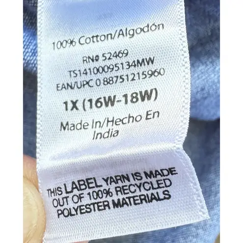 Terra & Sky Chic Terry&Sky Women 1X Babydoll Blue Denim Shirt Ribbed Pin Pleated Y2K Style