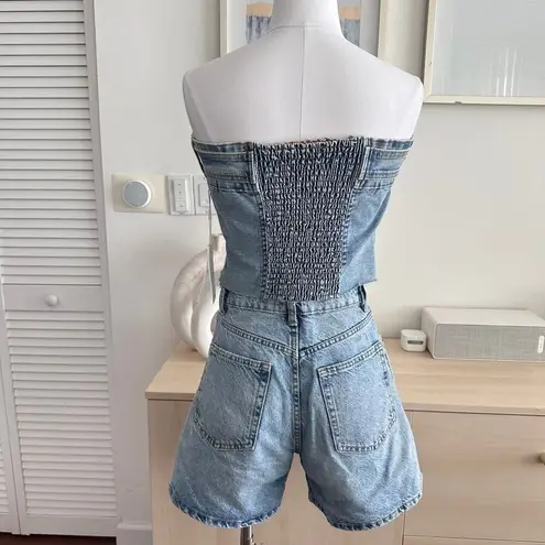 Denim Strapless Tube Top Womens Large Bustier Corset Belted Zip Blue