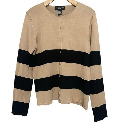 August Silk Women’s Size M Black Camel Tan Striped Silk Knit Sweater Cardigan