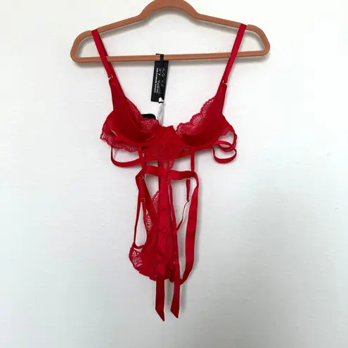 Wolf & Whistle Womens Bodysuit Size US 6 Red Bella Satin Lace Strappy Lingerie