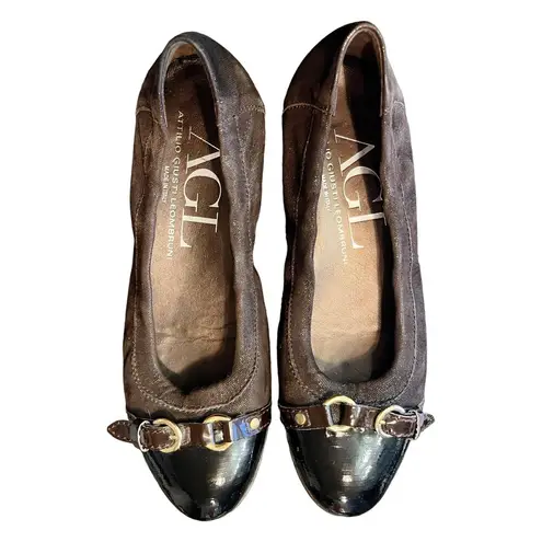 AGL Ballet Flats Brown Monika Cap Toe Suede Patent Leather Shoes Buckle 36 EUC Size 5.5