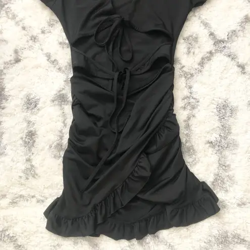 Cut Out Ruffle Ruched Bodycon Mini Short Sleeve Tie Front Wrap Short Dress Black Size XS