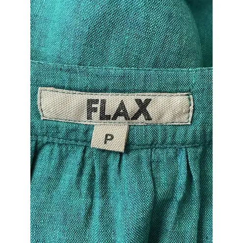 Flax  Button Front Shirt Tunic Linen Green Lagenlook Size P (4-6) Ruched Sleeves - Image 6