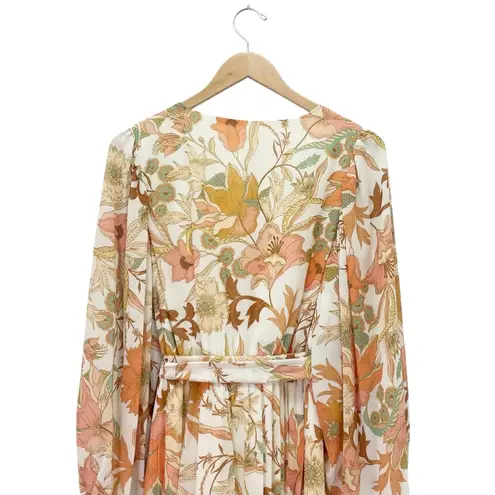 Bohme Böhme Floral Midi Dress Size Medium Long Sleeve Belted Pleated Boho Peach Sage