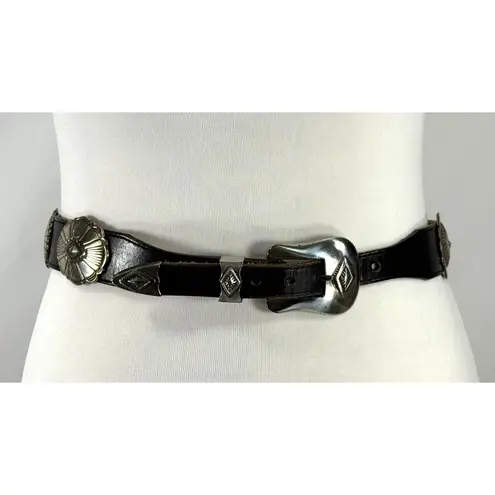 Vintage Womens Justin Leather Western Concho Belt Black Size 28 Boho Festival