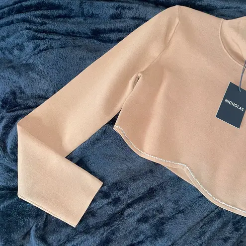 NICHOLAS Gael Cropped Crystal Long Sleeve Top in Nude Silver Size L