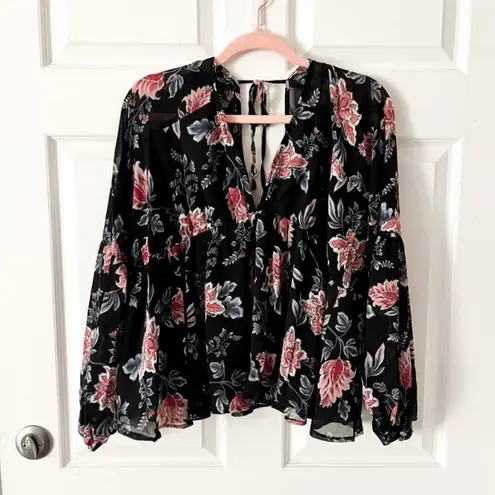 Olivaceous  Black Boho Romantic Floral Babydoll Long Sleeve Vneck Open Back Top