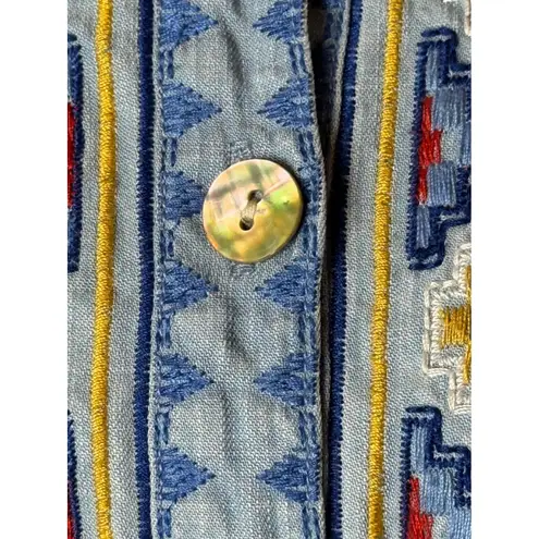 John Mark Shirt Women Large Blue Embroidered Floral Aztec Button Up Boho Cottage - Image 8