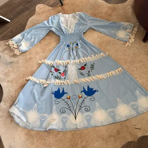 None Blue bohemian Tassle fringe Maxi Dress with birds