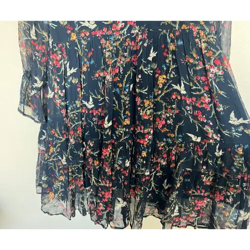 The Kooples Sheer Floral Bird Silk Tiered Ruffle Dress Whimsical Cottagecore