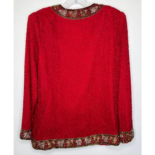 Laurence Kazar Vintage Laurence Kazer Silk beaded red formal cardigan Jacket Coat hoilday large