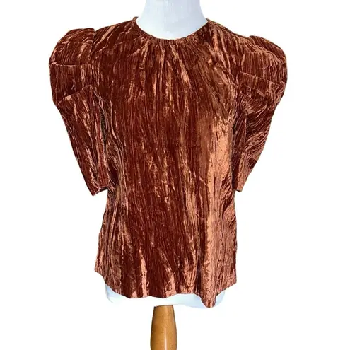 NWT $69 LEYDEN Womens S Orange Rust Crushed Velvet Pouf Short Sleeve Top Blouse Orange