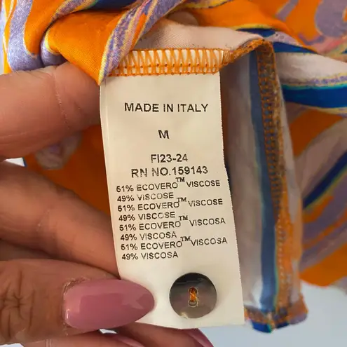 FRNCH Paris Orange Blue Short Sleeve Button Down Shirt Women's size Medium